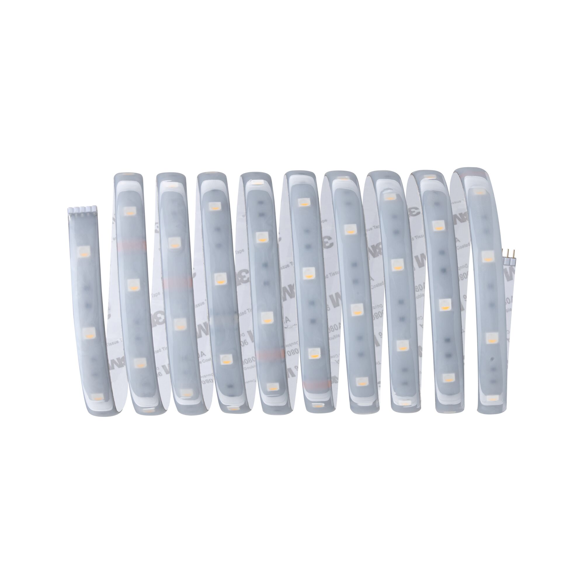 Flexible LED strip with white LEDs and adhesive backing for versatile lighting applications