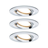 Three round recessed spotlights in chrome metal with warm white LED light for living spaces