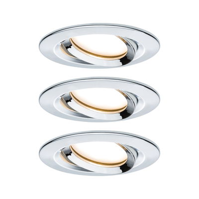 Three round recessed spotlights in chrome metal with warm white LED light for living spaces