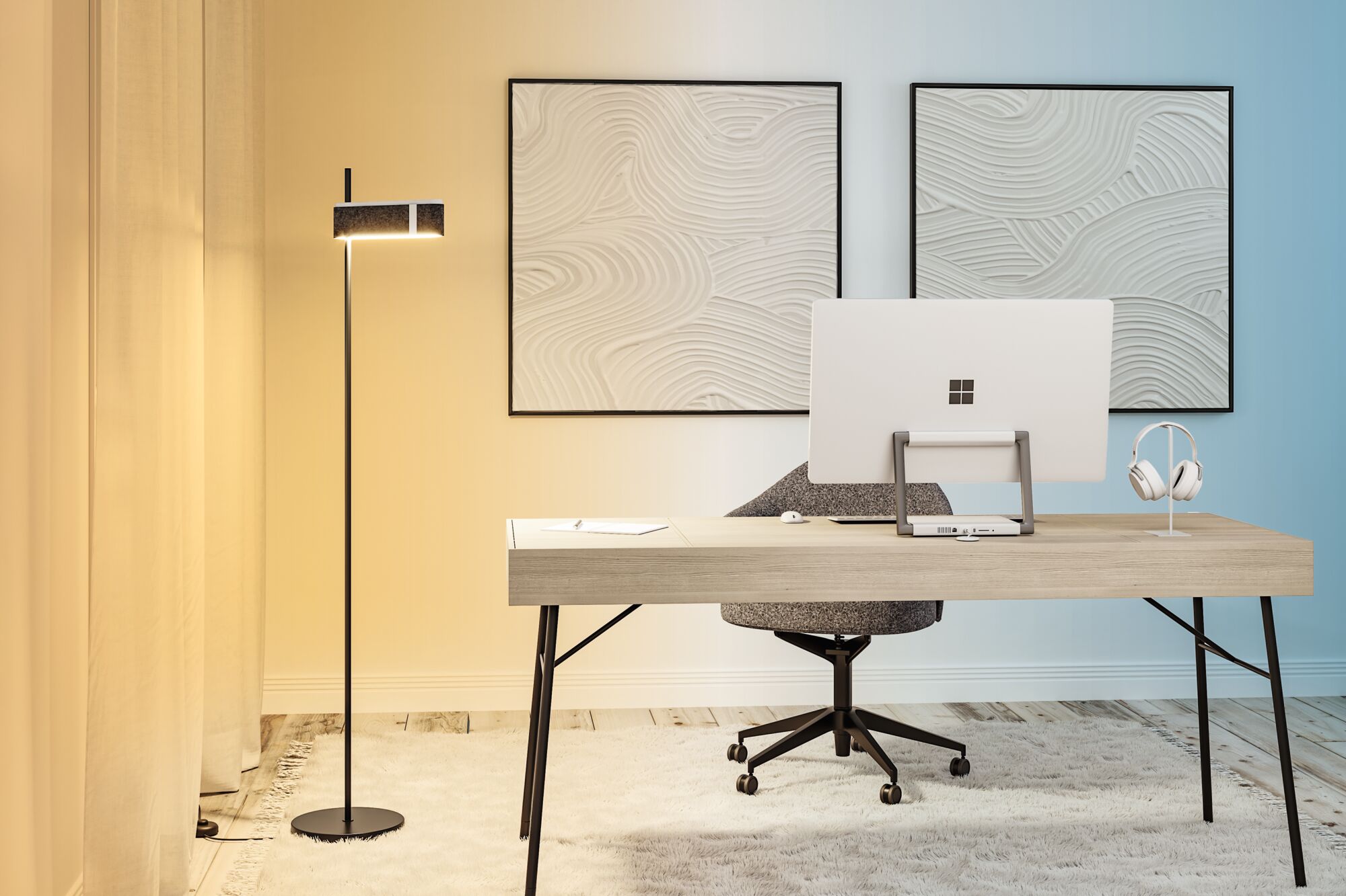 Lampadaire noir moderne avec tête lumineuse rectangulaire dans un bureau minimaliste avec bureau en bois.