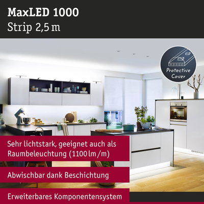 MaxLED 1000 LED-Lichtstreifen 2,5 m mit Schutzabdeckung in moderner Küche für helle Raumbeleuchtung