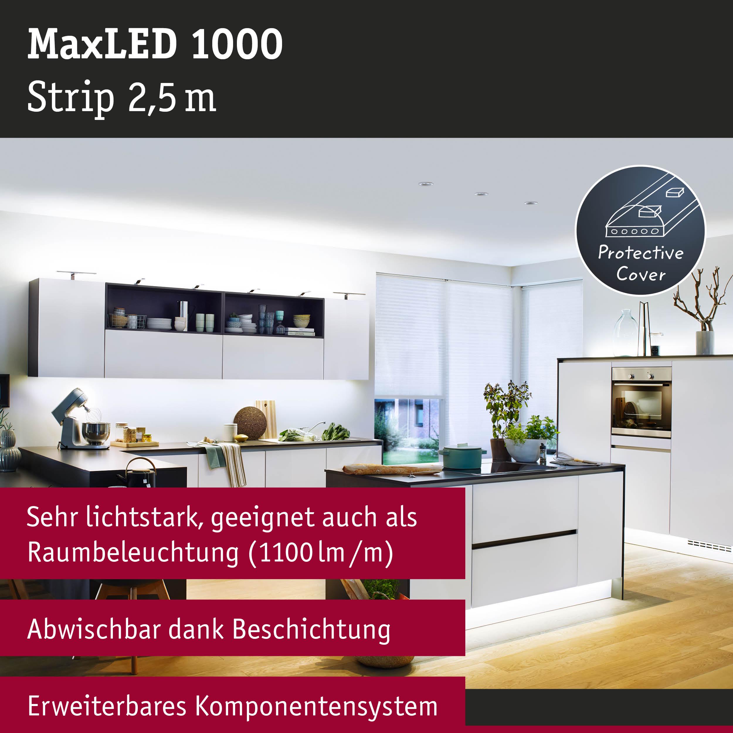 MaxLED 1000 LED-Lichtstreifen 2,5 m mit Schutzabdeckung in moderner Küche für helle Raumbeleuchtung