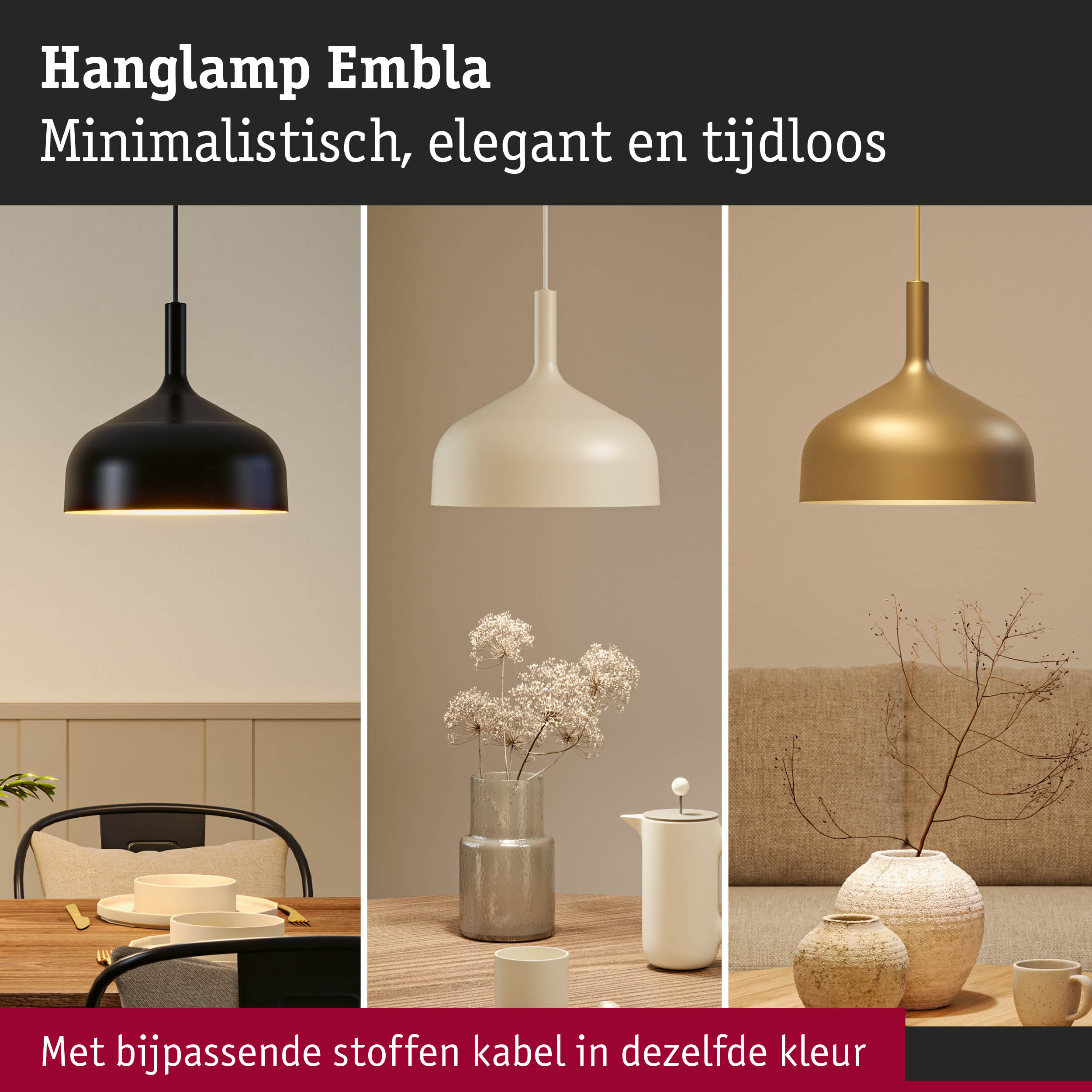 Minimalistische hanglampen Embla in zwart, wit en goud met bijpassende stoffen kabels voor woonruimtes