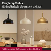 Minimalistische hanglampen Embla in zwart, wit en goud met bijpassende stoffen kabels voor woonruimtes