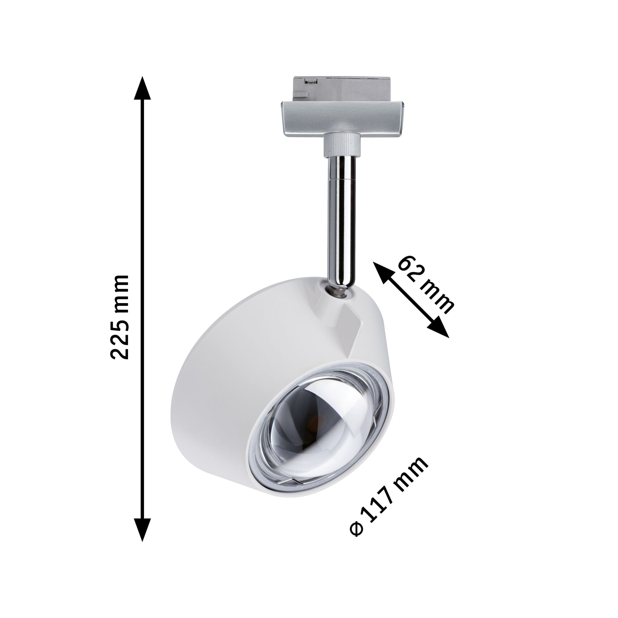 Witte metalen LED-spot met verstelbare kop en afmetingen voor moderne binnenverlichting