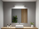 Modern bathroom with white sink, wooden countertop and LED mirror light on grey wall