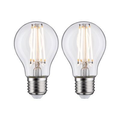 Zwei klare LED-Glühbirnen mit sichtbaren Filamenten und E27-Fassung für energiesparende Beleuchtung