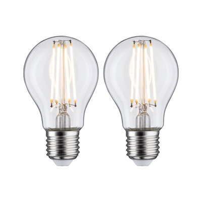 Zwei klare LED-Glühbirnen mit sichtbaren Filamenten und E27-Fassung für energiesparende Beleuchtung