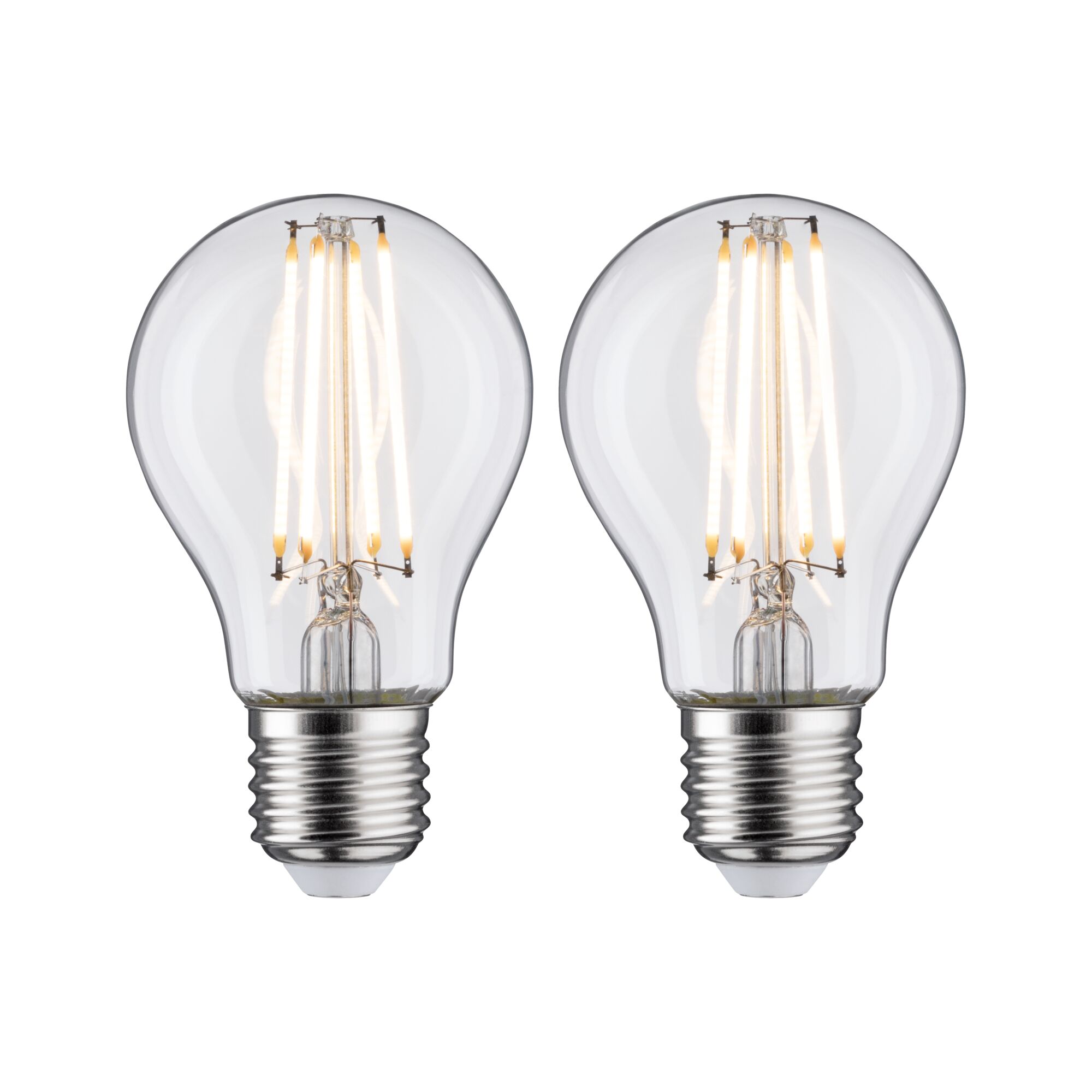 Zwei klare LED-Glühbirnen mit sichtbaren Filamenten und E27-Fassung für energiesparende Beleuchtung