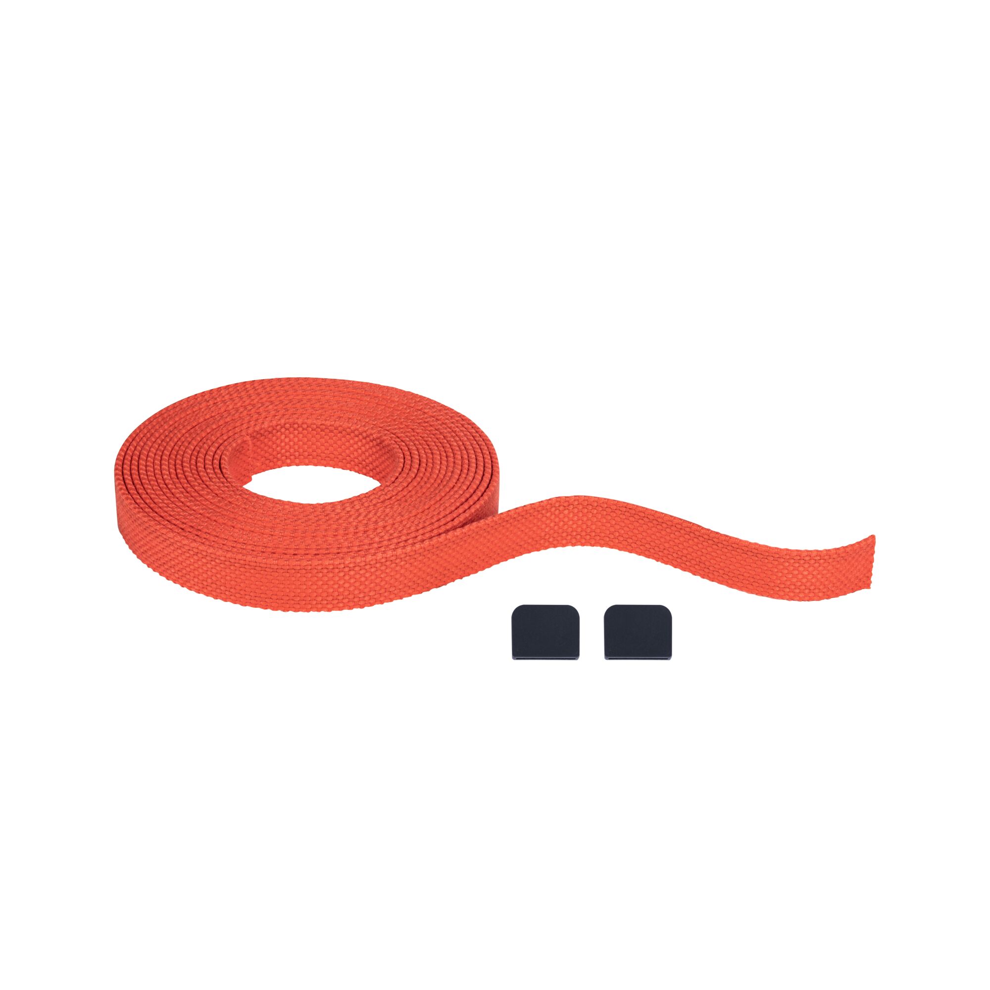Sangle textile rouge avec deux embouts noirs, idéale pour la gestion des câbles et la fixation.