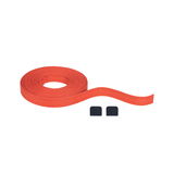 Sangle textile rouge avec deux embouts noirs, idéale pour la gestion des câbles et la fixation.
