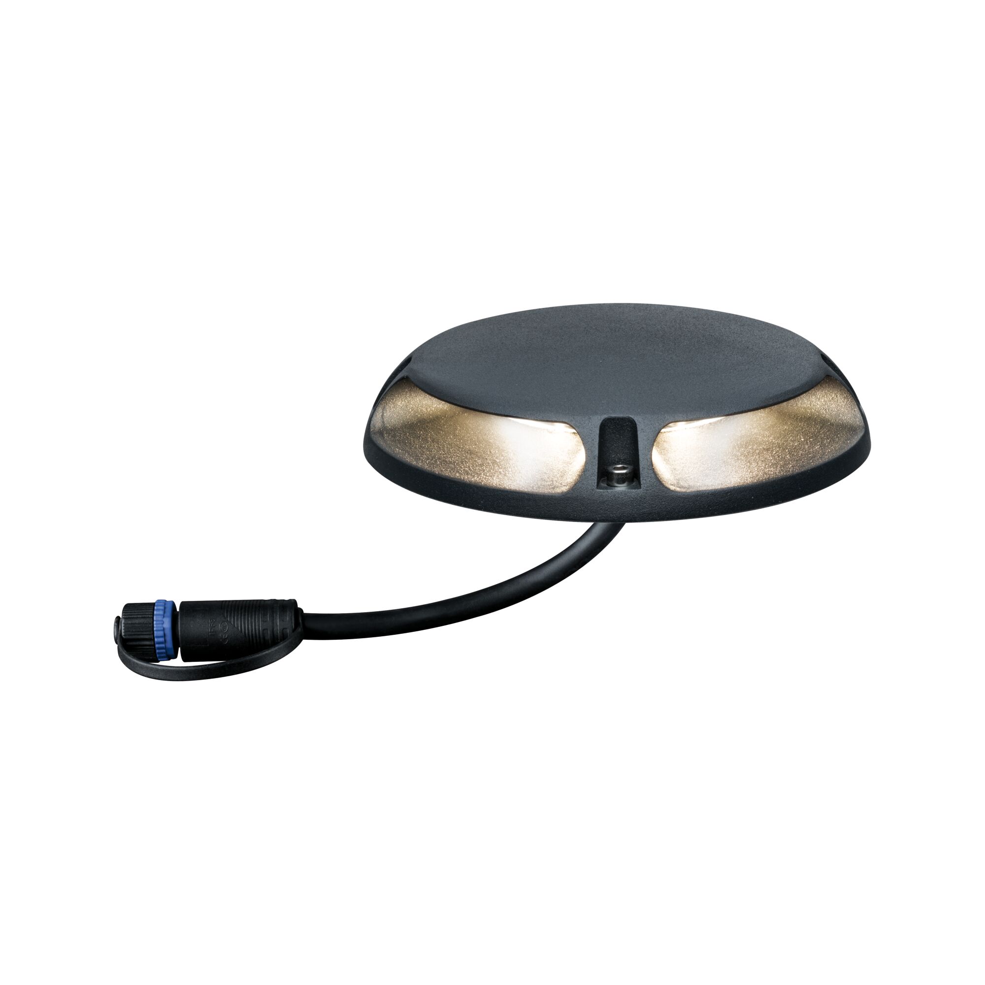 Round black LED ground recessed light with warm white glow and cable connection for outdoor lighting