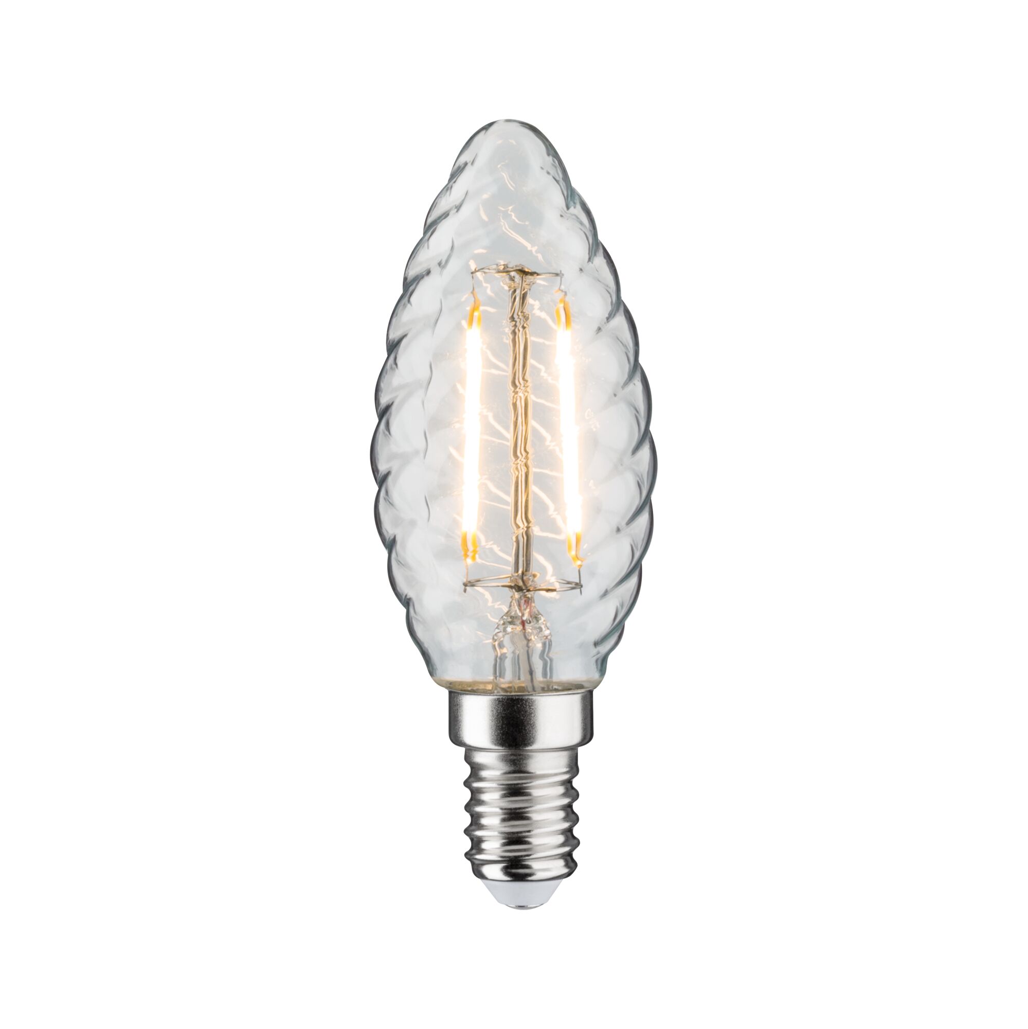 LED-Leuchtmittel in klarer Glasform mit gedrehtem Design und E14-Fassung für dekorative Beleuchtung