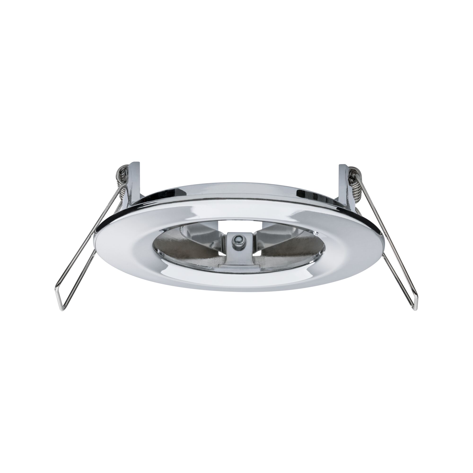 Round recessed spotlight in chrome metal with spring clips for ceiling installation, LED compatible