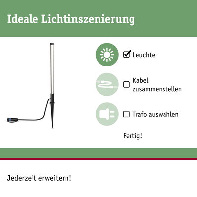 Schwarze LED-Gartenleuchte mit Erdspieß und Kabel für einfache Außenbeleuchtung und Lichtinszenierung