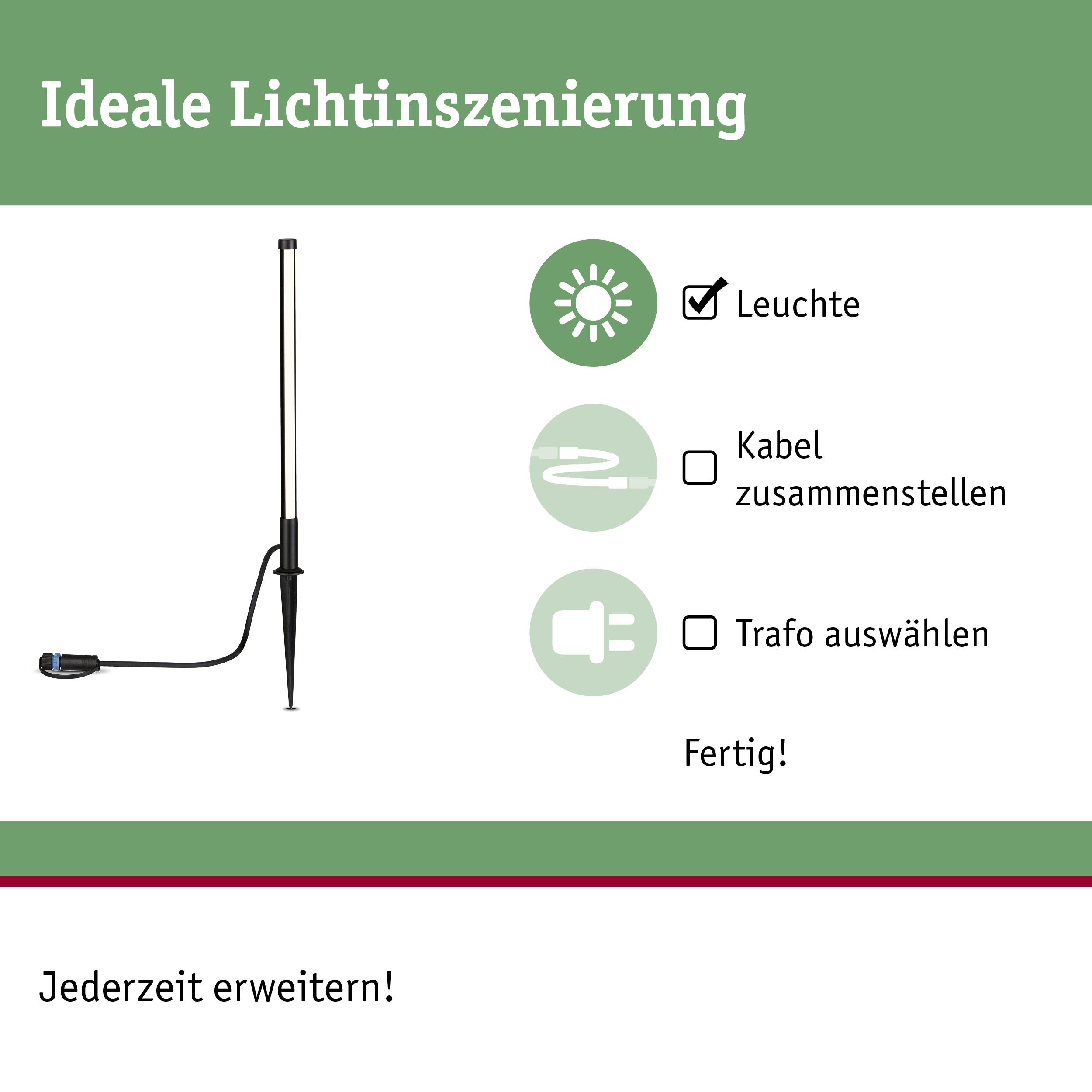 Schwarze LED-Gartenleuchte mit Erdspieß und Kabel für einfache Außenbeleuchtung und Lichtinszenierung