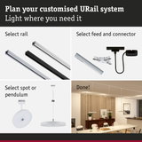 Modular URail track system with rails, connectors, and pendant lights for customizable lighting solutions