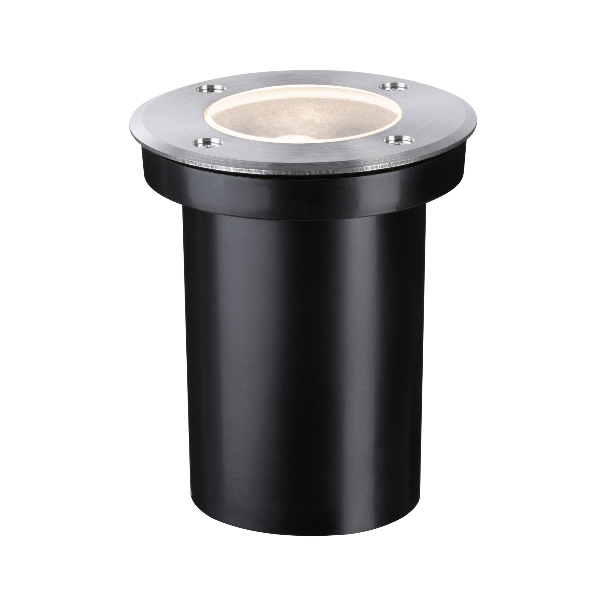 Ronde inbouwvloerspot van zwart kunststof met geborsteld aluminium rand voor buitenverlichting