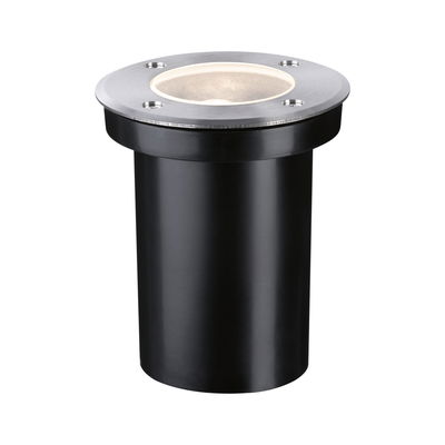 Ronde inbouwvloerspot van zwart kunststof met geborsteld aluminium rand voor buitenverlichting