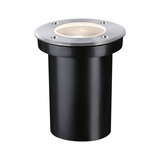 Round recessed floor spotlight in black plastic with brushed aluminum trim for outdoor lighting
