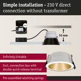 White recessed spotlight with gold interior, 55 mm installation depth, simple 230 V direct connection lighting
