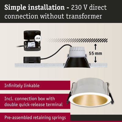 White recessed spotlight with gold interior, 55 mm installation depth, simple 230 V direct connection lighting