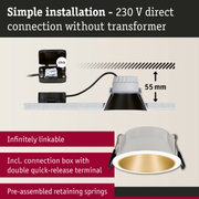 White recessed spotlight with gold interior and connection box for simple 230V direct installation
