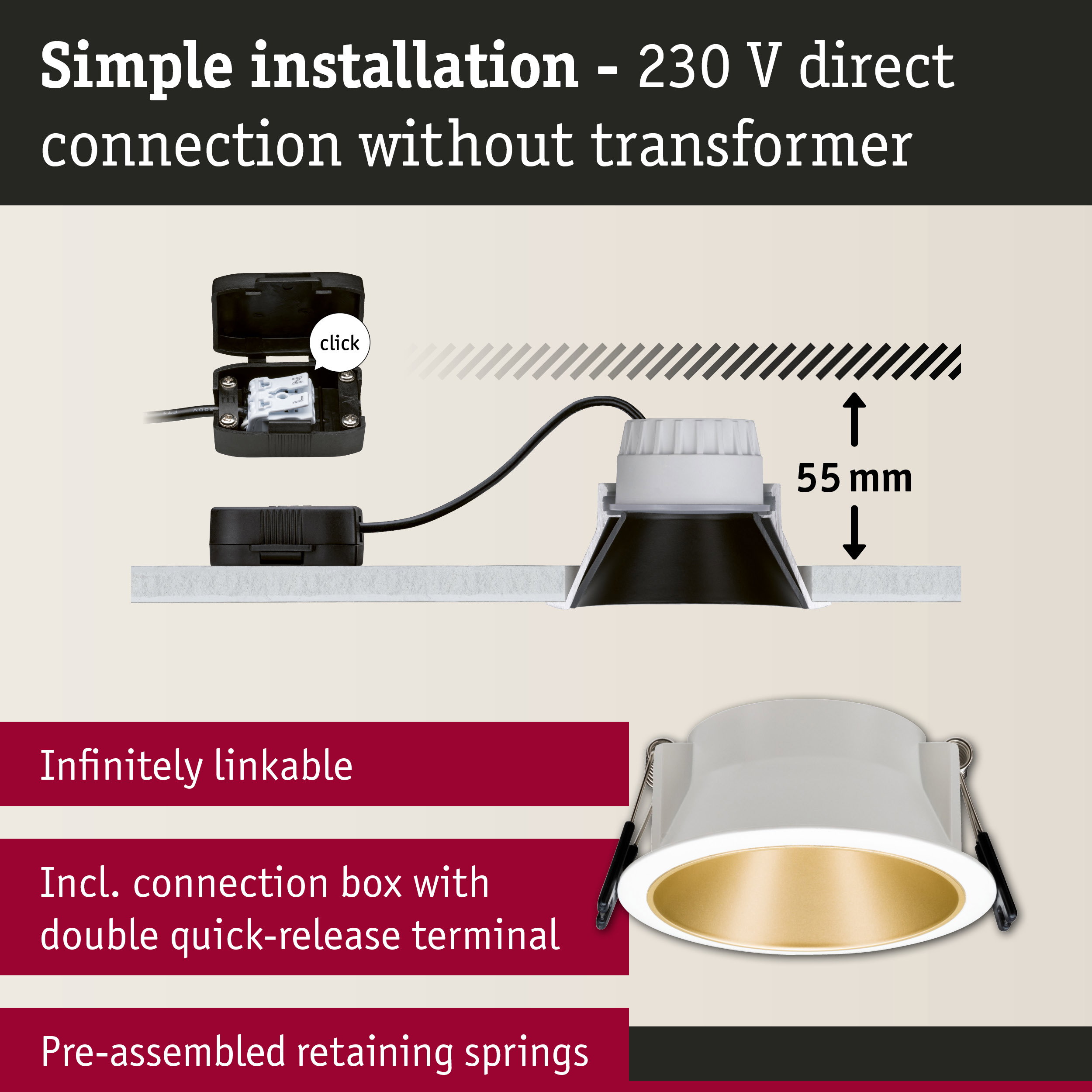 White recessed spotlight with gold interior and connection box for simple 230V direct installation