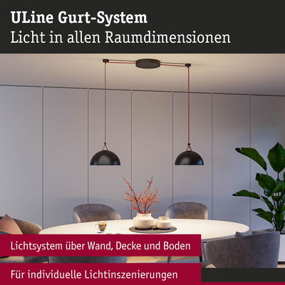 Modernes ULine Gurt-System mit schwarzen Hängeleuchten über rundem Tisch für individuelle Lichtgestaltung
