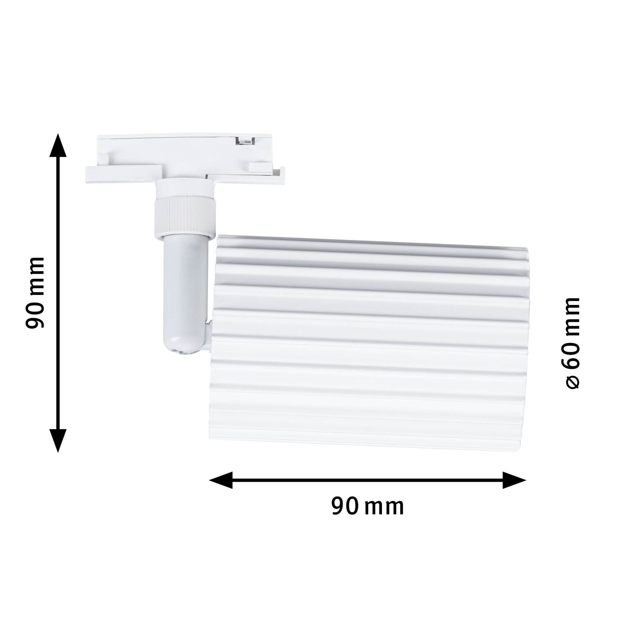 Hvid LED-spot i plastik, 90 mm lang og 60 mm i diameter til skinnesystemer