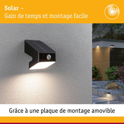 Applique murale solaire noire avec détecteur de mouvement et plaque de montage amovible facile à installer.