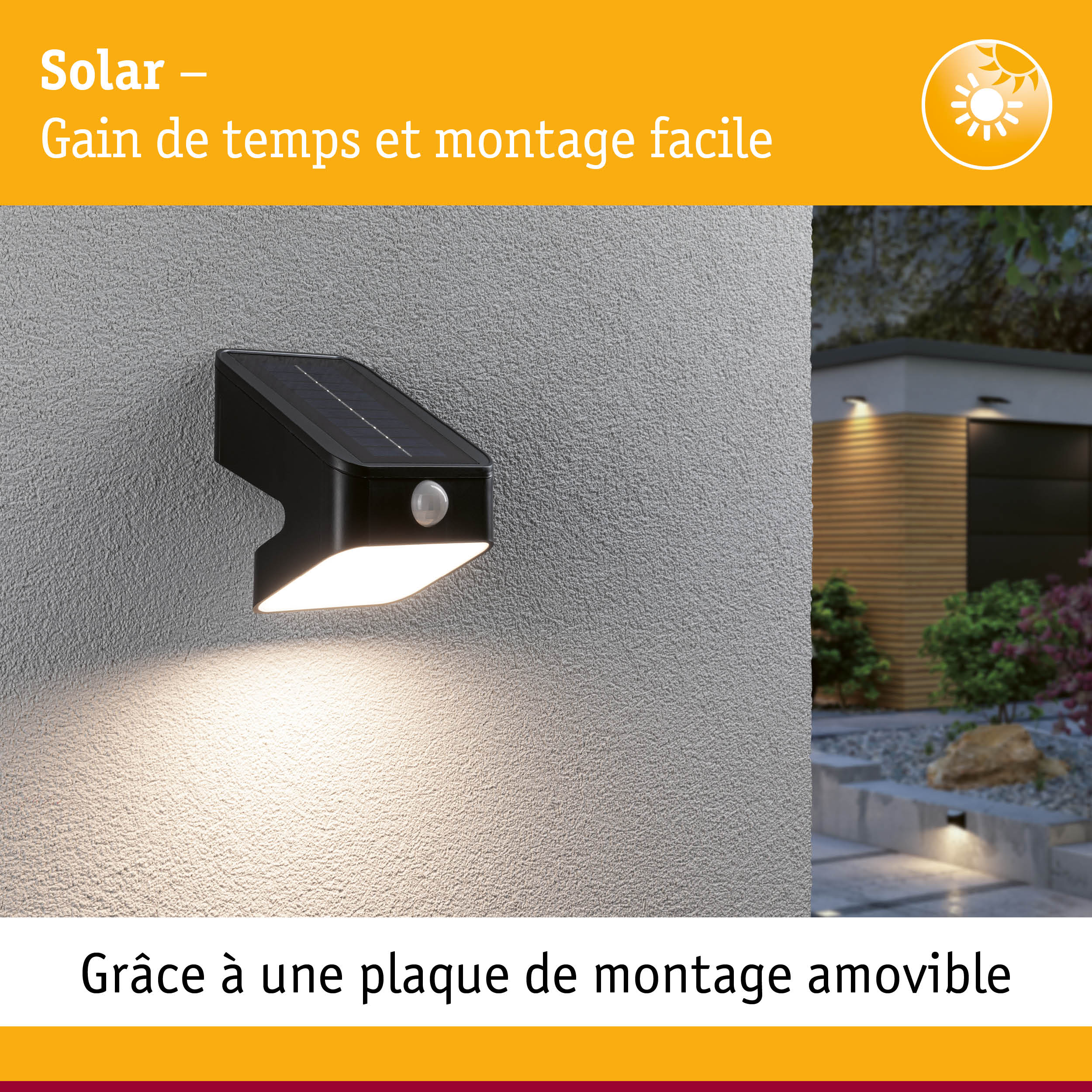 Applique murale solaire noire avec détecteur de mouvement sur mur gris éclairant un chemin de jardin au crépuscule