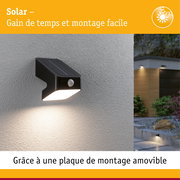 Applique murale solaire noire avec détecteur de mouvement sur mur gris éclairant un chemin de jardin au crépuscule