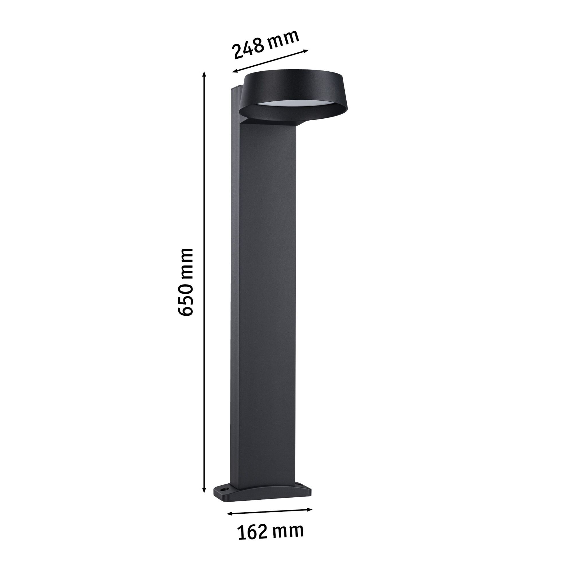 Black aluminum outdoor wall light with round shade, dimensions 650x162x248 mm for garden lighting