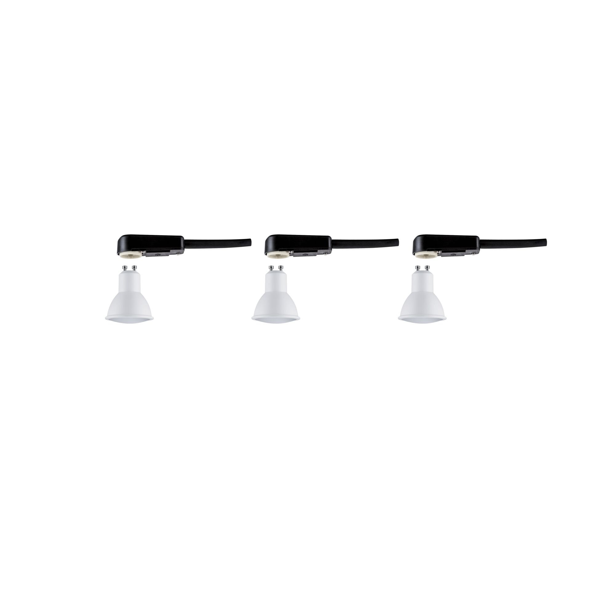 Three white GU10 LED spotlights with black cable for versatile lighting solutions.