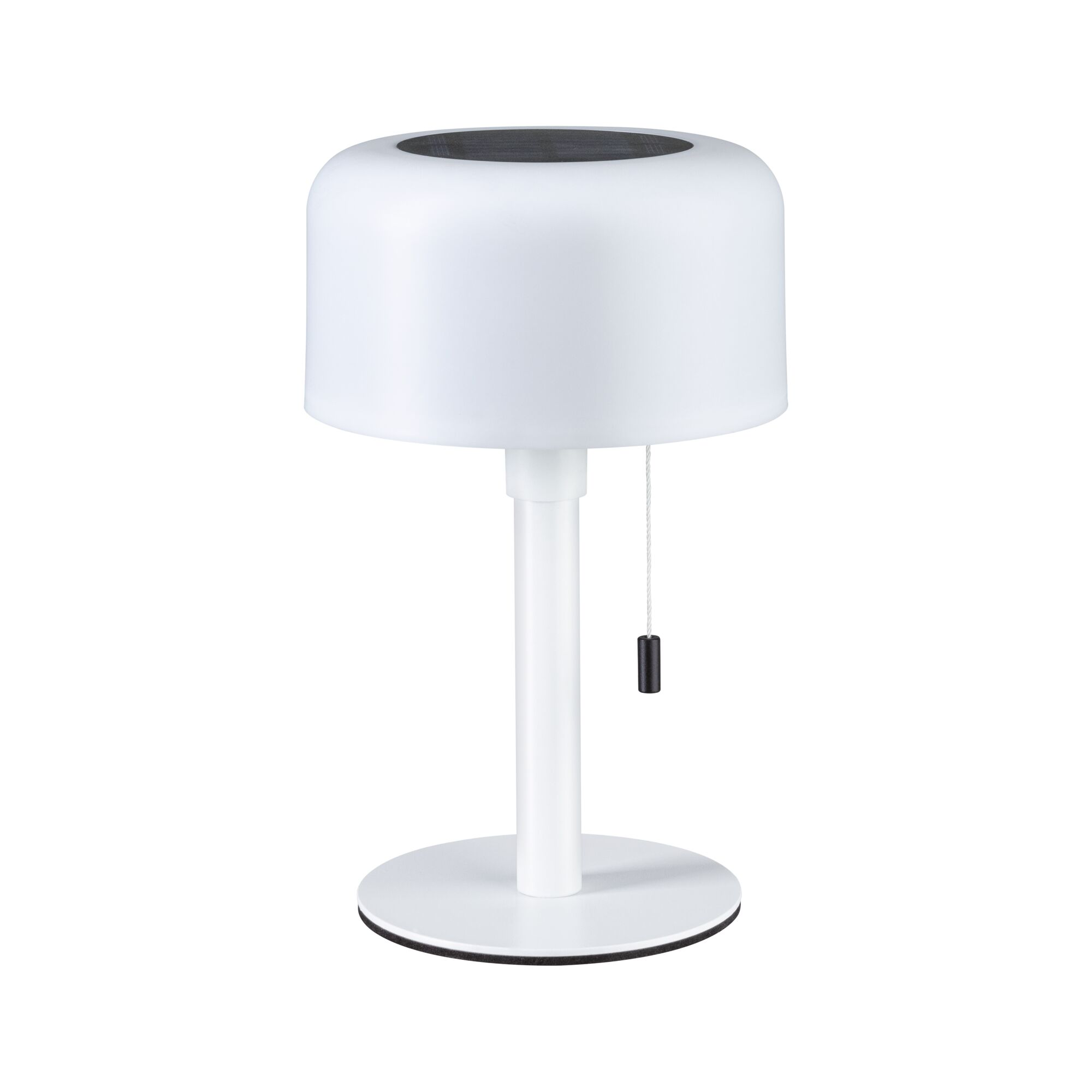 Moderne weiße Tischlampe aus Metall mit rundem Schirm und Zugschalter für Wohnraumbeleuchtung