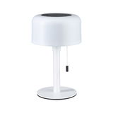 Moderne weiße Tischlampe aus Metall mit rundem Schirm und Zugschalter für Wohnraumbeleuchtung