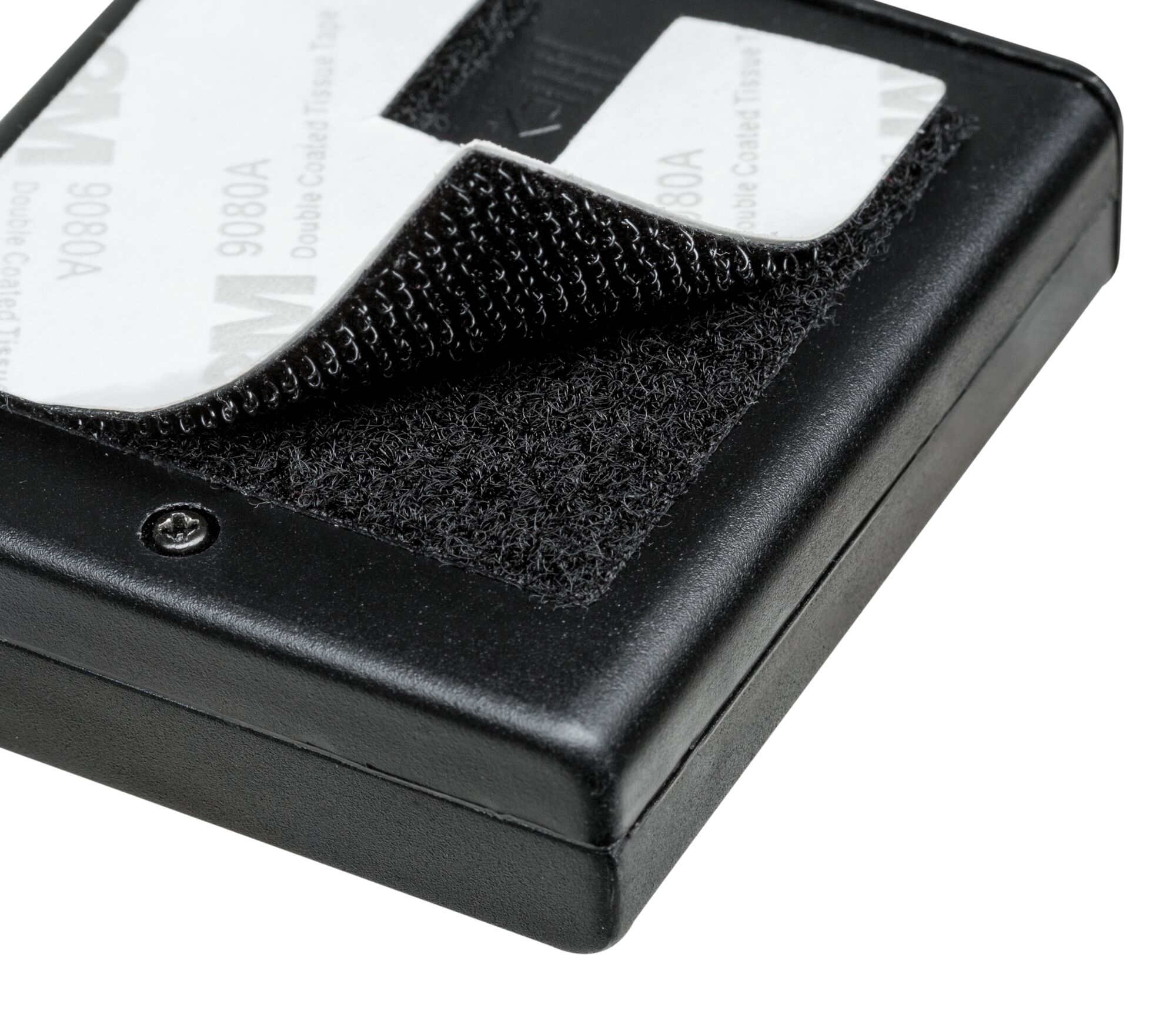 Black plastic case with hook-and-loop fastener and 3M adhesive pad for flexible mounting