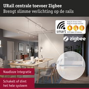 Moderne woonkamer met slimme URail Zigbee railsysteem en dimbare verlichting