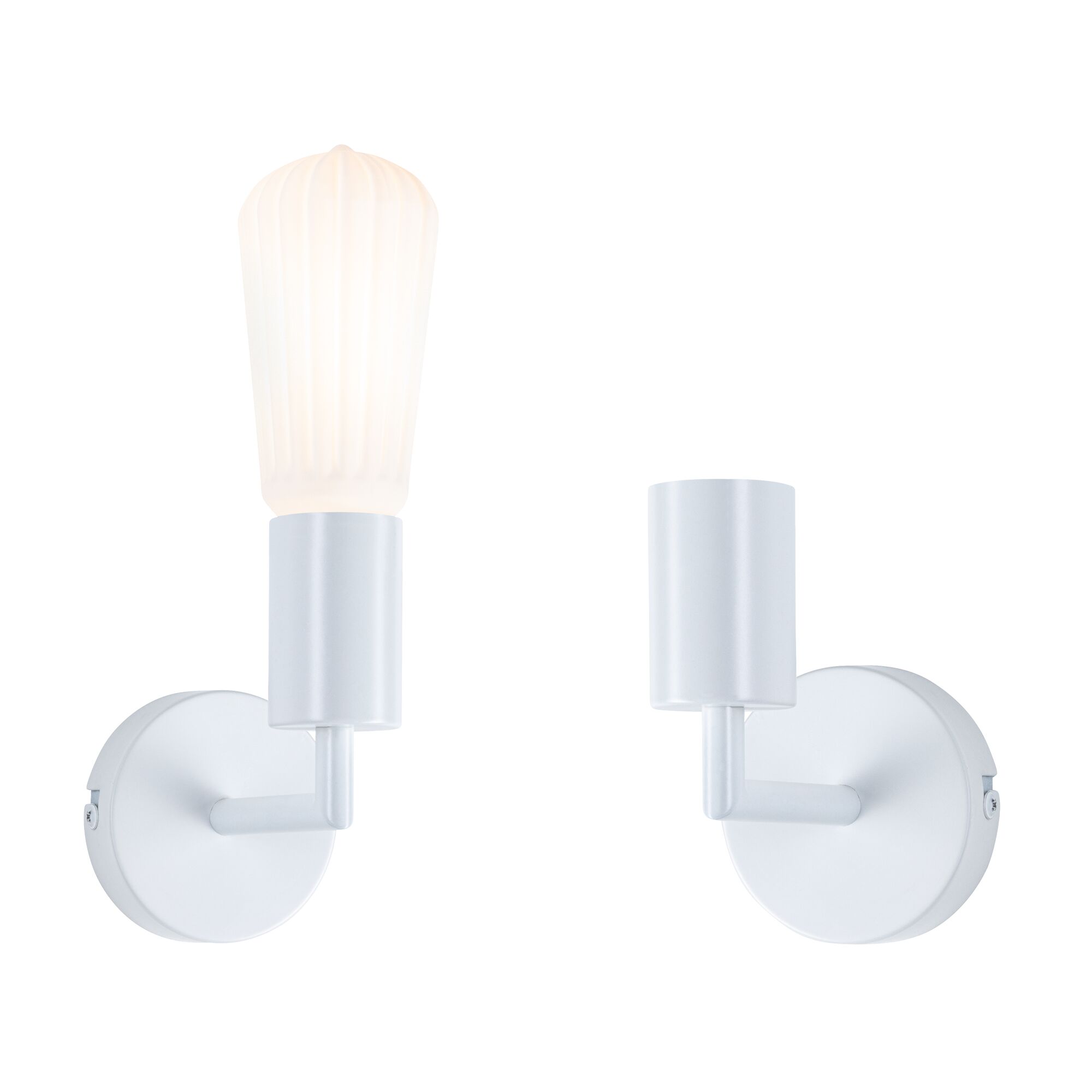 Applique Ravi IP44 E27 max. 60W Blanc dépoli gradable Deux appliques murales blanches en métal, une avec abat-jour en verre côtelé éclairé, design minimaliste