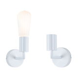 Two white metal wall lamps, one with lit ribbed glass shade, minimalist design lighting fixtures