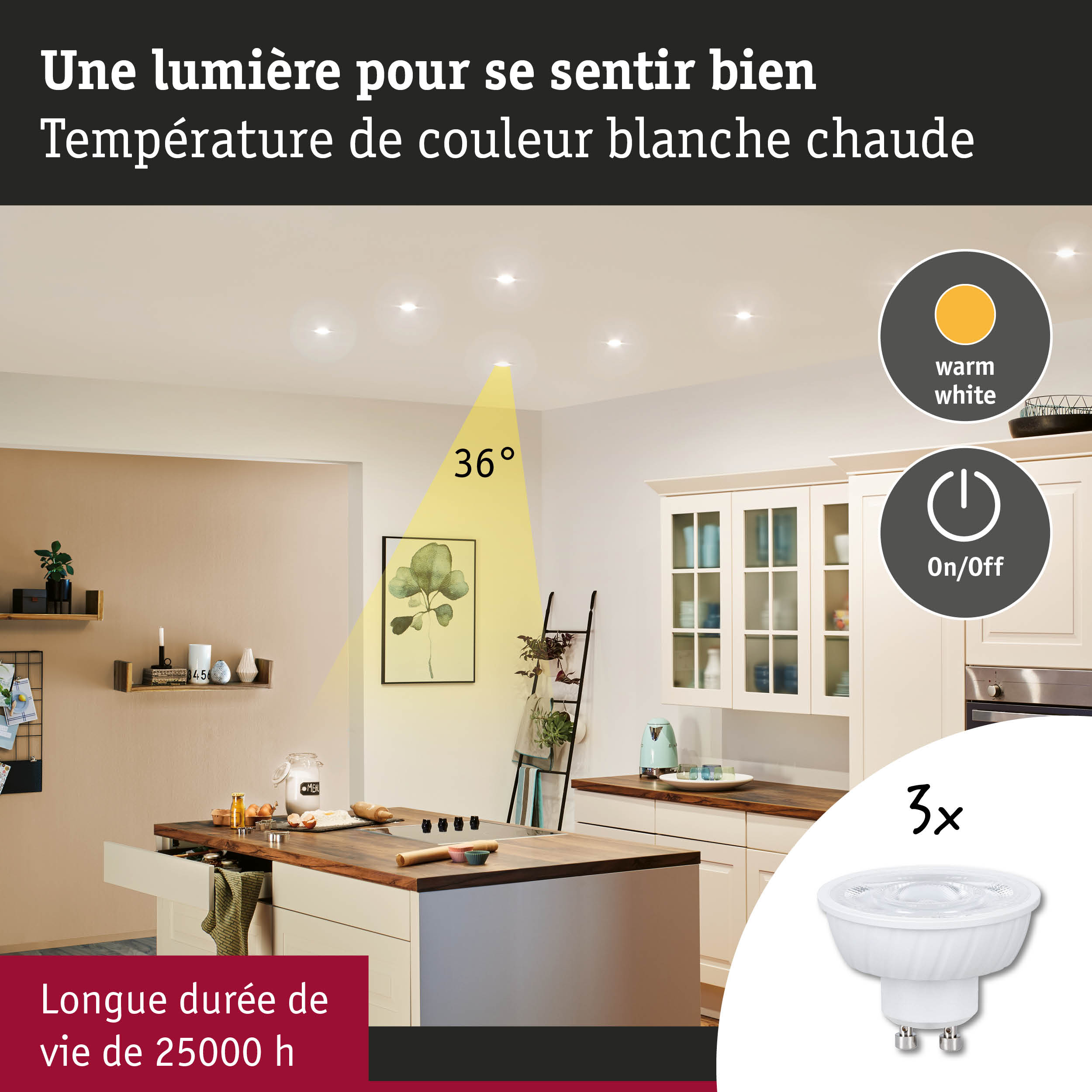 Spot LED avec lumière blanc chaud et angle de faisceau de 36° pour éclairage de cuisine chaleureux