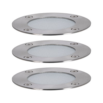 Trois spots encastrés ronds en acier inoxydable avec verre dépoli pour éclairage extérieur et jardin
