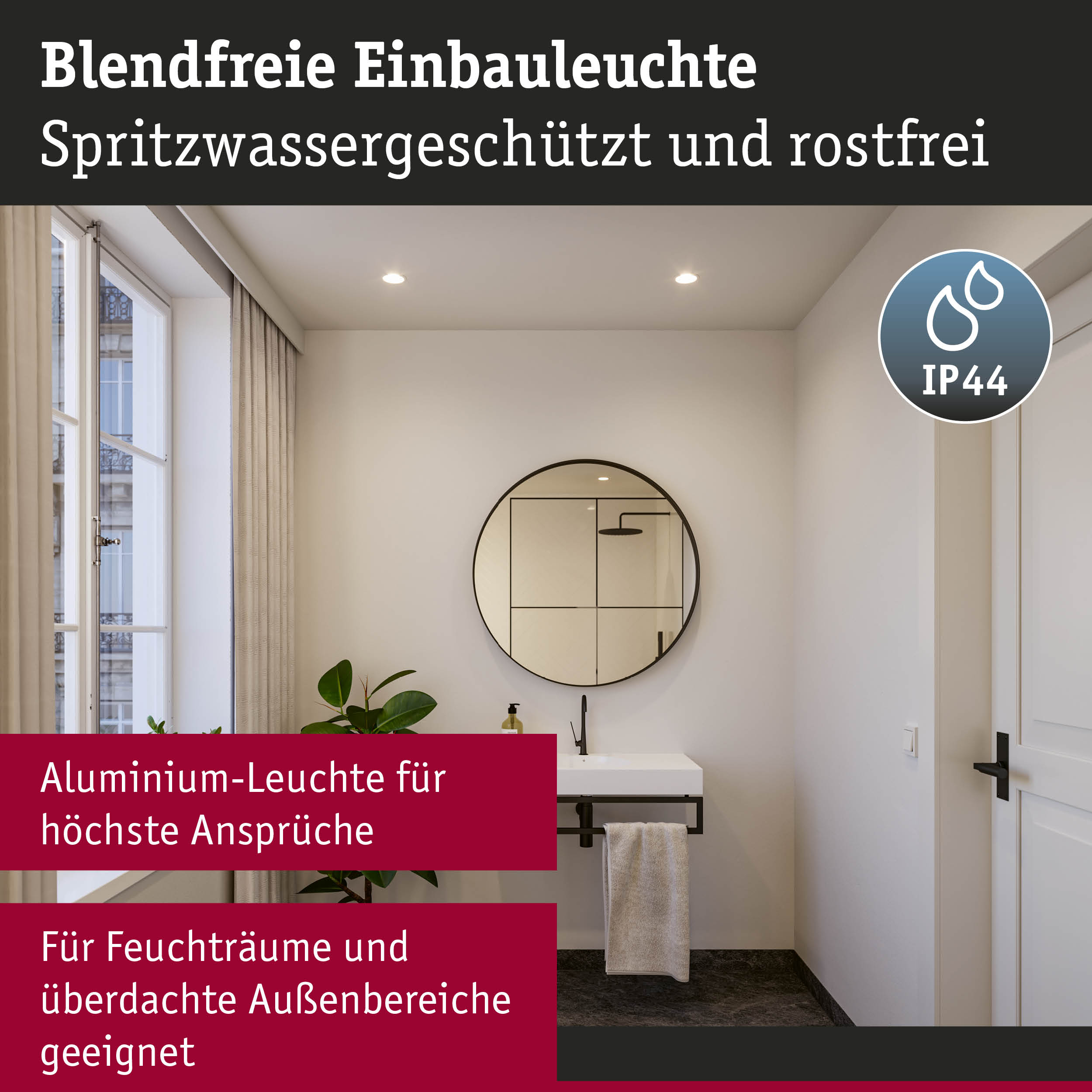 Blendfreie Aluminium-Einbauleuchte in Weiß für Feuchträume mit IP44 Schutz und modernem Design