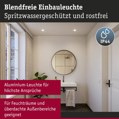 Blendfreie Aluminium-Einbauleuchte in Weiß für Feuchträume mit IP44 Schutz und modernem Design