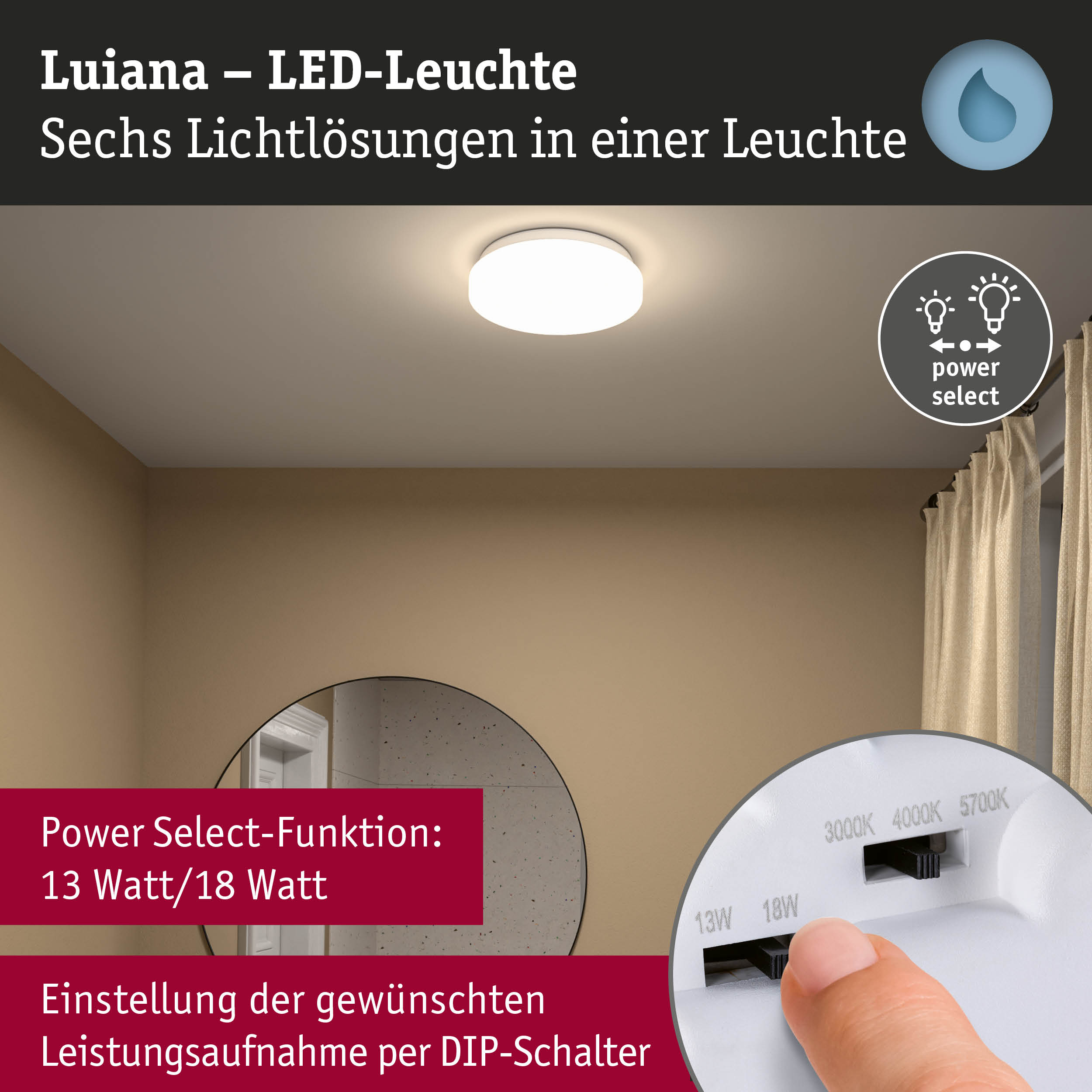 Weiße Luiana LED-Deckenleuchte mit Power Select Funktion für 13 oder 18 Watt Leistung