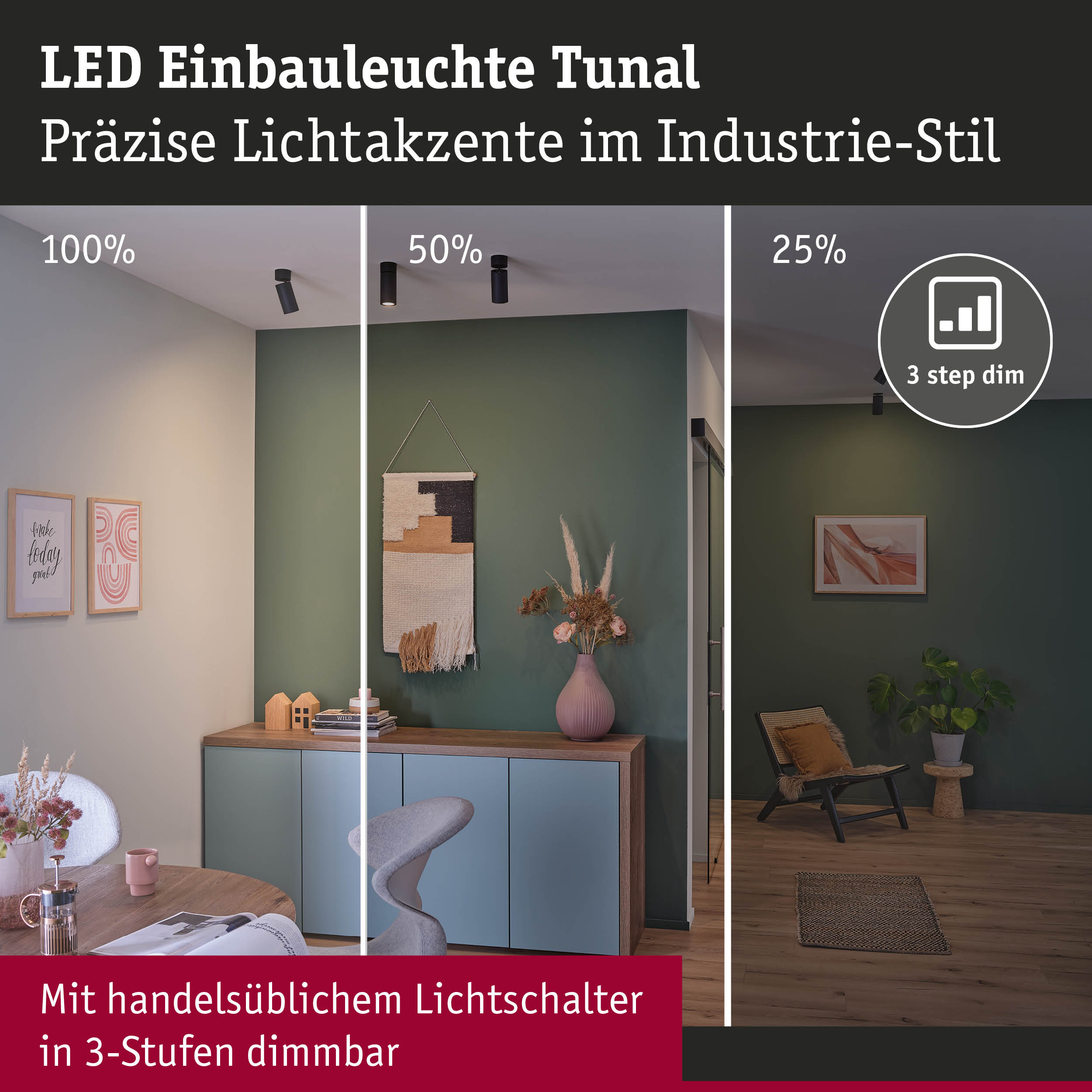 Schwarze LED Einbauleuchte Tunal mit präzisen Lichtakzenten im Industrie-Stil, 3-Stufen dimmbar