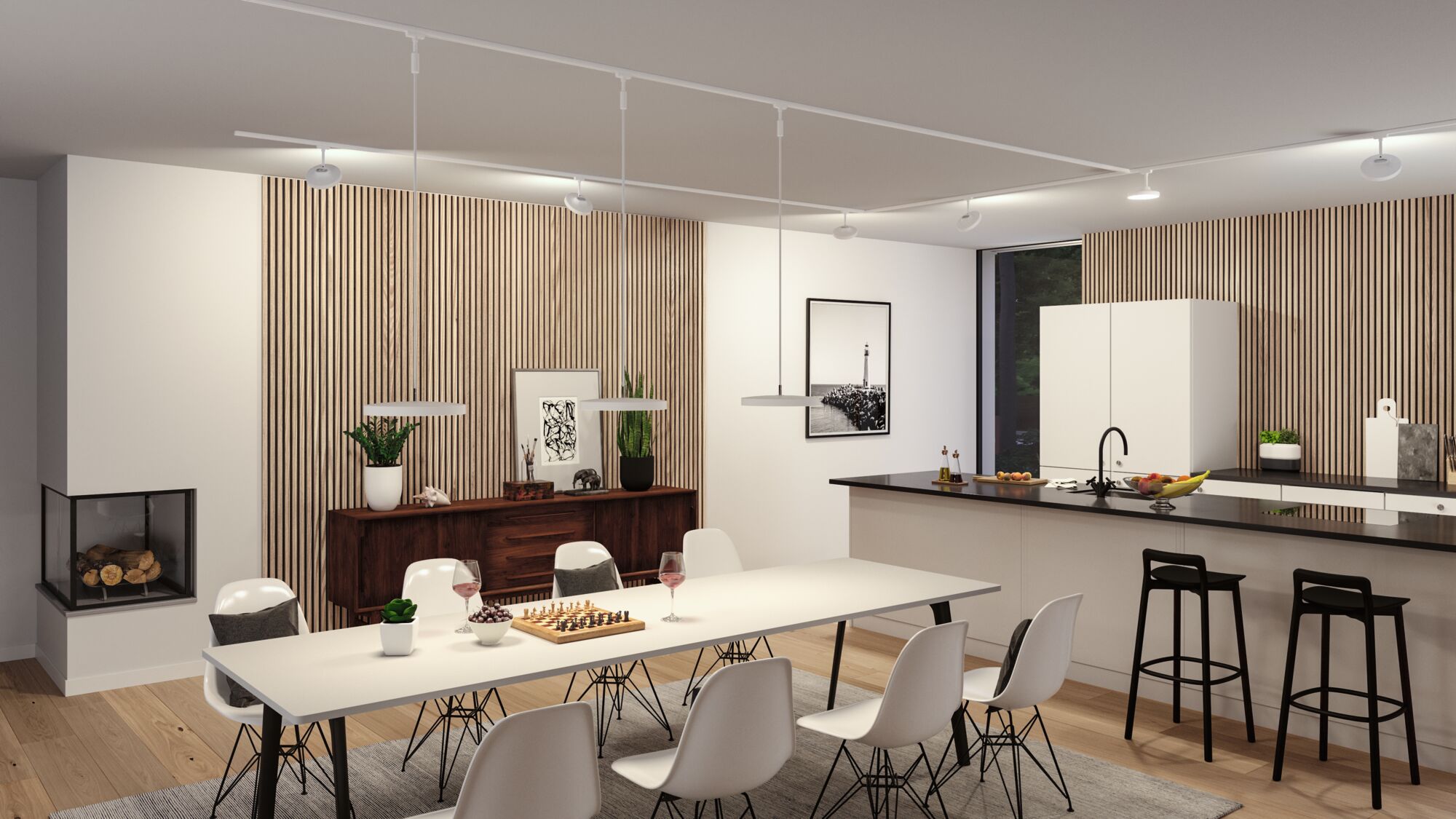 Modern dining room with white table, black chairs, and minimalist ceiling lights in wood and white tones