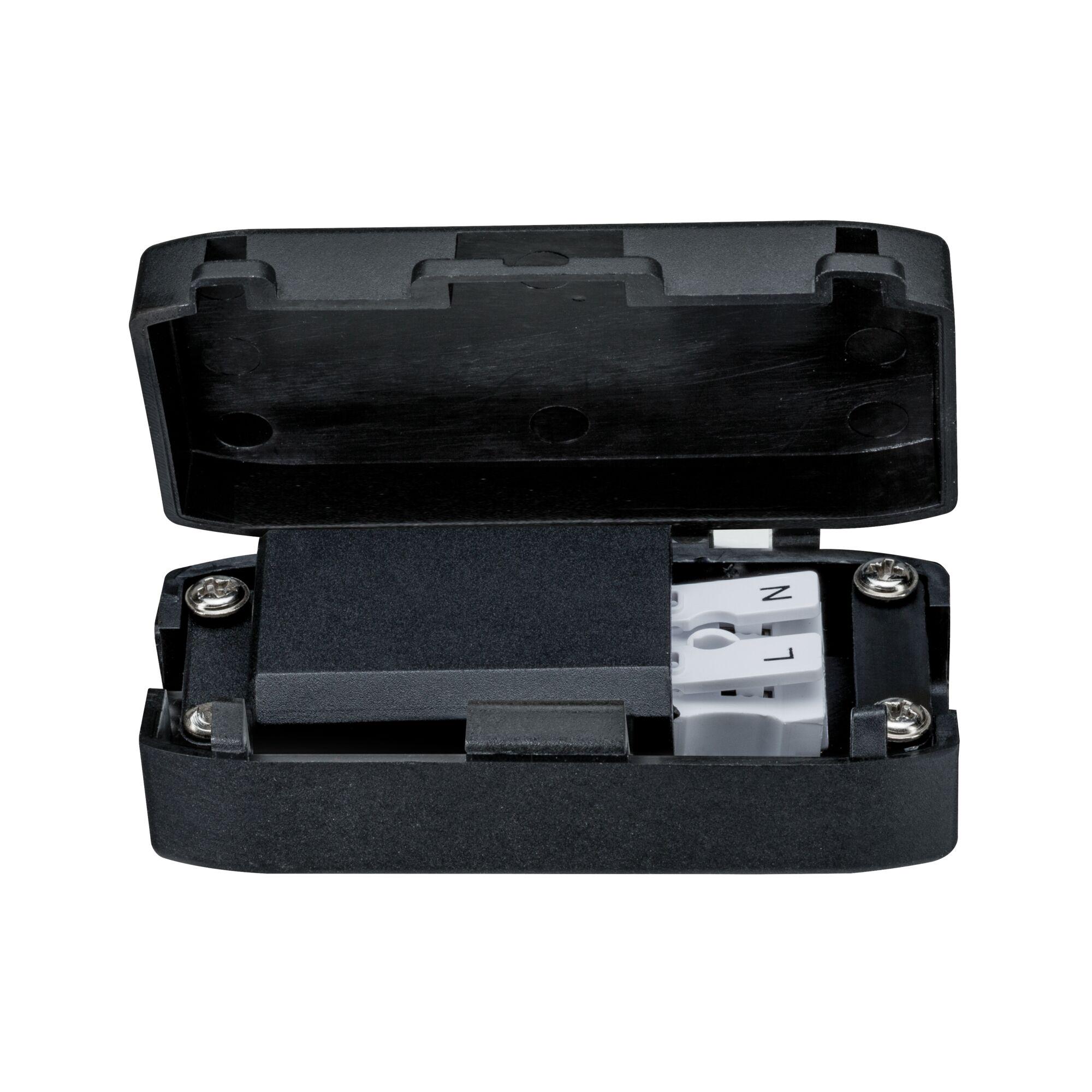 Black plastic housing with open lid and visible screws for electrical connection