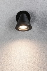 Black metal outdoor wall light with warm white LED for garden and terrace lighting